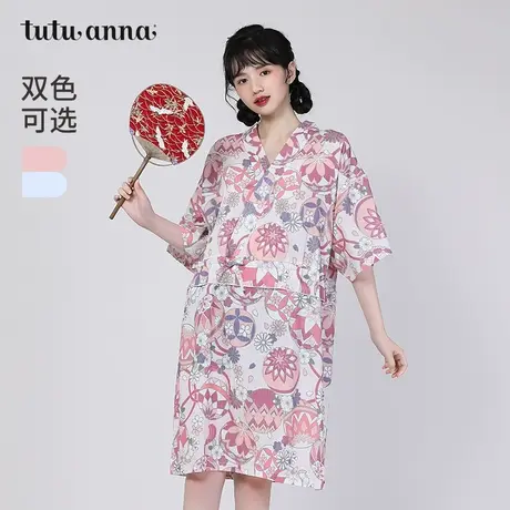 tutuanna睡衣女夏全棉透气条纹花满印短袖短裤和服套装家居服睡裙图片