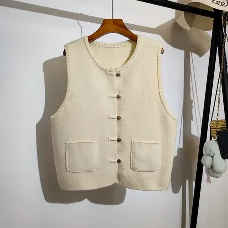新中式盘扣针织马甲开衫女春秋新款宽松圆领无袖毛衣背心坎肩外套图片