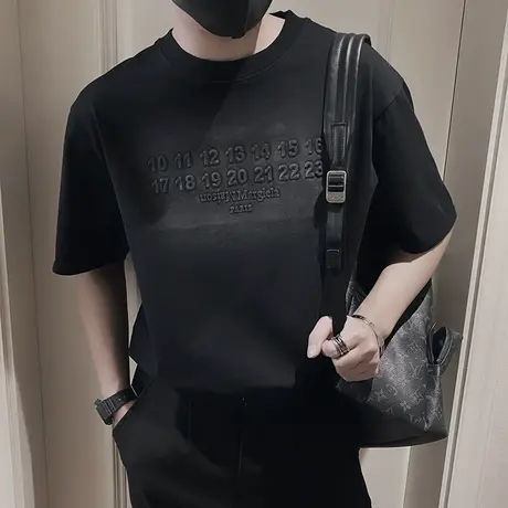 潮牌T恤夏季新款做旧个性渐变水洗重磅字母短袖青年男装半袖体恤图片