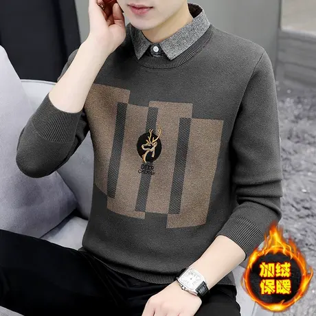加绒加厚假两件毛衣男士秋冬季韩版衬衫领针织衫线衣保暖衣打底衫商品大图