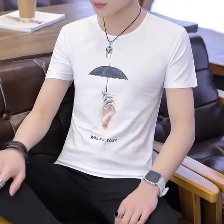 2023新款男士短袖t恤圆领丅半袖个性韩版潮流夏季男装修身上衣服商品大图