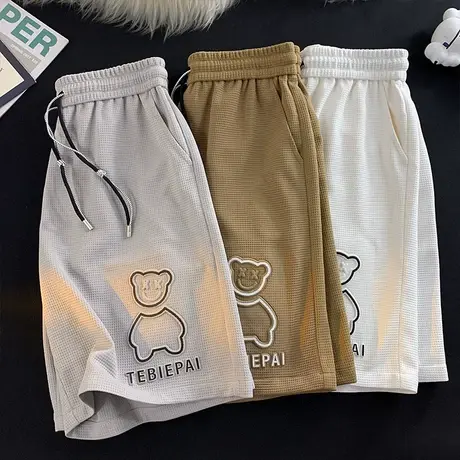 短裤男美式夏季薄款休闲裤2023新款潮流ins华夫格直筒五分裤运动商品大图