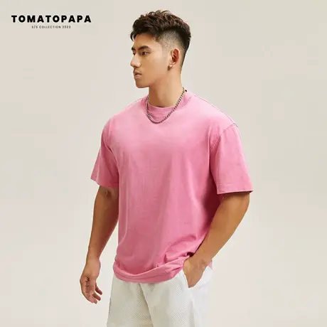 TOMATOPAPA短袖T恤圆领23夏季新款纯色宽松落肩情侣百搭体恤上衣商品大图