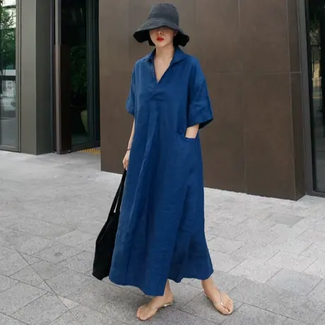 夏装新款短袖棉麻连衣裙女过膝长款韩版宽松大码时尚休闲亚麻裙子图片