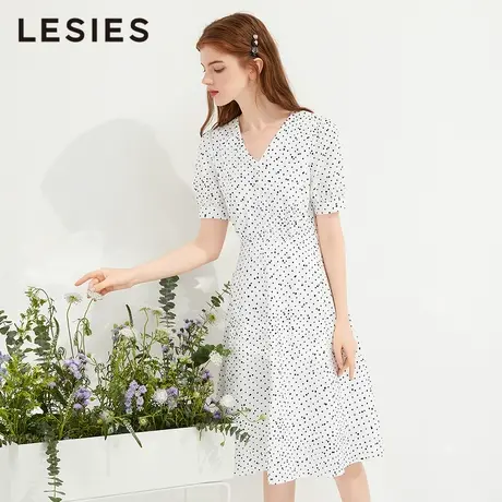 LESIES蓝色倾情夏装新款女黑白波点棉布绣花短袖V领初恋风连衣裙图片