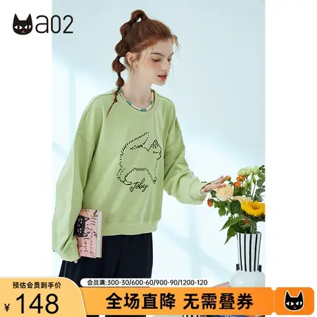 a02圆领刺绣猫咪图案短款卫衣秋新款百搭甜酷潮流上衣潮商品大图