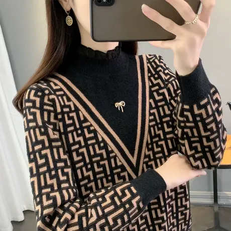 天鹅绒半高领毛衣女内搭打底衫2023秋冬新款蕾丝针织衫加厚上衣潮商品大图