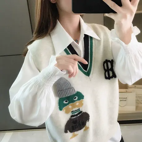 洋气针织衫马甲V领背心2023秋装新款学院风无袖毛衣卡通宽松马夹图片