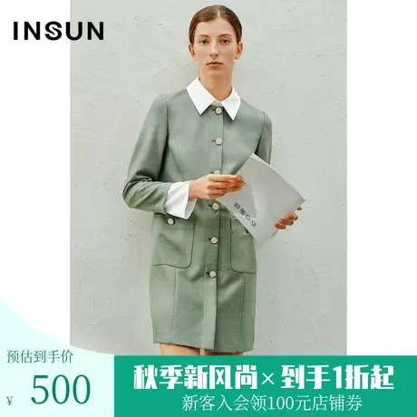 恩裳2023年春款新款时尚灰绿H型利落干练可拆卸领连衣裙图片