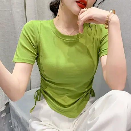 高腰短款T恤女短袖网红个性上衣设计感小众抽绳小衫紧身百搭半袖商品大图