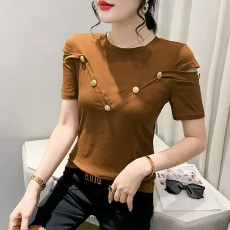 欧货设计感小众T恤女短袖时尚气质圆领上衣性感露肩小衫百搭半袖商品大图