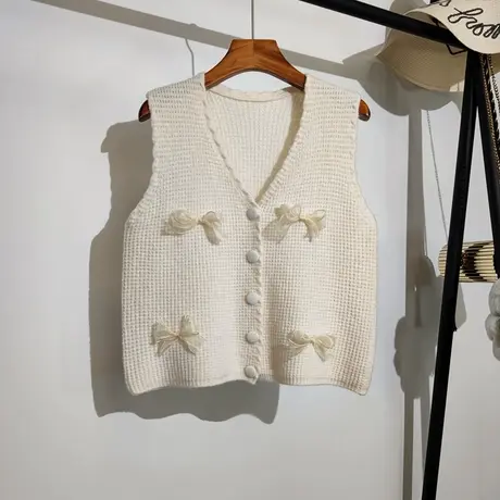 针织马甲开衫女秋冬新款韩版v领叠穿蝴蝶结无袖坎肩毛衣背心外套商品大图