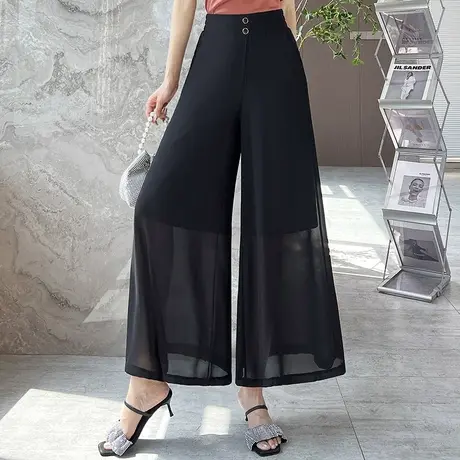 黑色薄款雪纺裙裤阔腿裤女夏季2023新款高腰宽松大脚裤九分休闲裤图片