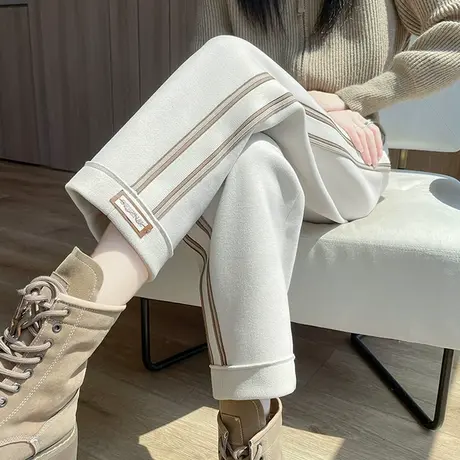 毛呢直筒裤女2023年秋冬新款高腰宽松显瘦休闲加厚九分哈伦萝卜裤图片