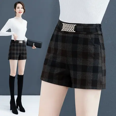 格子毛呢短裤女秋冬季高腰外穿靴裤2023新款韩版时尚显瘦休闲女裤图片