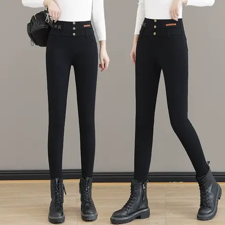 春秋弹力小脚裤子女2023新款时尚高腰排扣拼接铅笔裤外穿打底裤潮商品大图