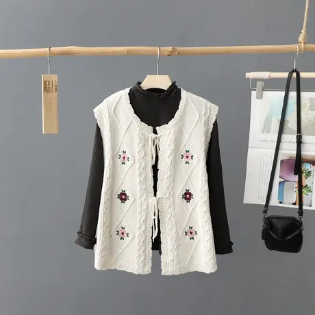 小众刺绣系带无袖针织开衫女休闲马甲背心叠穿宽松圆领毛坎肩马夹商品大图