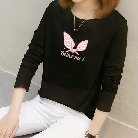 黑色长袖t恤女宽松内搭2022春夏新款韩版体恤纯棉打底衫洋气上衣商品大图