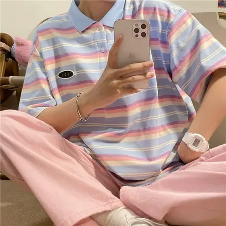 红续纯棉宽松Polo领条纹短袖t恤女ins潮2023年夏季新款小个子上衣图片