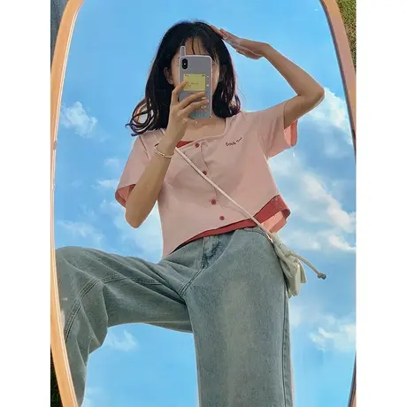 短款短袖女小众设计感t恤宽松潮韩版方领性感假两件夏季甜美上衣商品大图