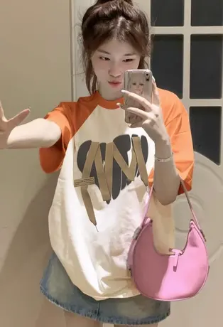 撞色插肩袖纯棉短袖t恤女小个子夏季美式复古宽松多巴胺穿搭上衣商品大图