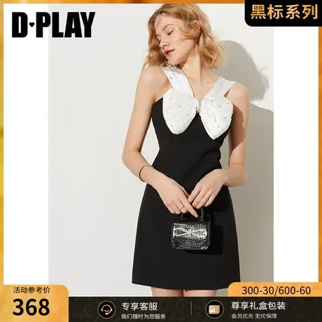 DPLAY【黑标】夏新名媛风重工闪钻V领蝴蝶结拼接无袖小黑裙图片