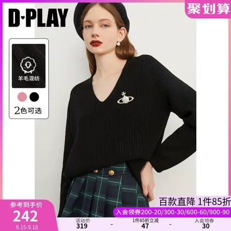 DPLAY秋装B囤款平旺纱线经典黑色加厚V领宽松针织套头毛衣图片