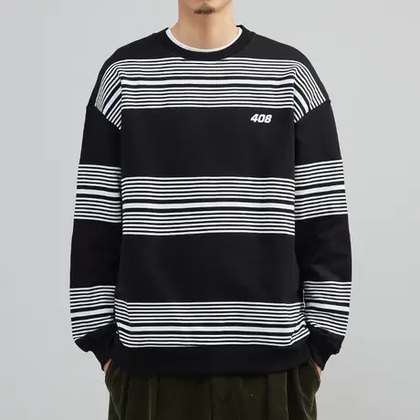 条纹圆领长袖卫衣t恤男2022春秋季新款潮微宽松内搭黑色韩版上衣商品大图