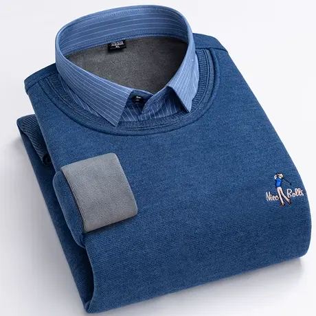 冬季中年人男士加绒加厚款毛衣衬衫领保暖假两件爸爸装羊毛针织衫商品大图