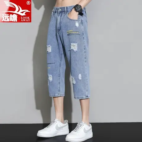 夏天破洞七分牛仔裤男夏季薄款中裤潮牌直筒修身男士休闲裤子男款商品大图