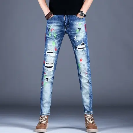 2023男士破洞牛仔裤男秋季新款美式高街裤子男士休闲长裤修身小脚商品大图