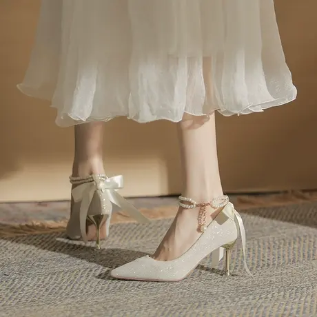 珍珠一字带高跟鞋女细跟2023年新款秋季尖头单鞋法式娘鞋伴娘鞋女图片