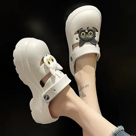 可爱黑白猫洞洞鞋女2023新款夏季外穿厚底防滑包头增高两穿凉拖鞋商品大图