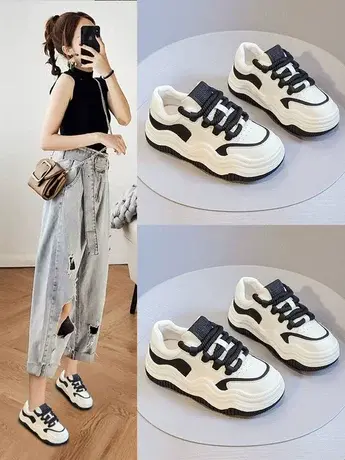 小白鞋女2023秋季新款厚底波浪底黑白拼色运动面包鞋网红爆款板鞋商品大图