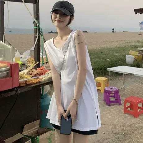 美式复古纯棉吊带运动坎肩背心无袖t恤女夏季外穿篮球服宽松上衣商品大图