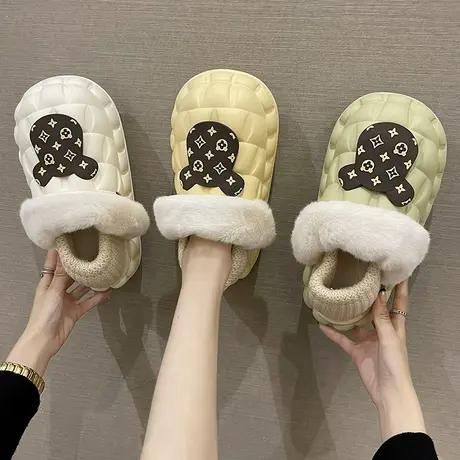 可拆卸棉拖鞋女包跟新款秋冬季厚底防水毛毛加绒保暖面包拖鞋外穿图片
