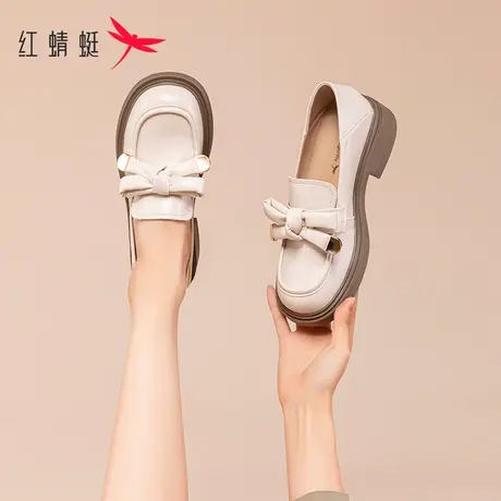 红蜻蜓英伦风小皮鞋女2023年新款秋冬粗跟jk日系蝴蝶结法式乐福鞋商品大图