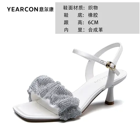 意尔康女凉百搭粗跟气质时尚晚宴尖头浅口中跟鞋包头女凉鞋图片