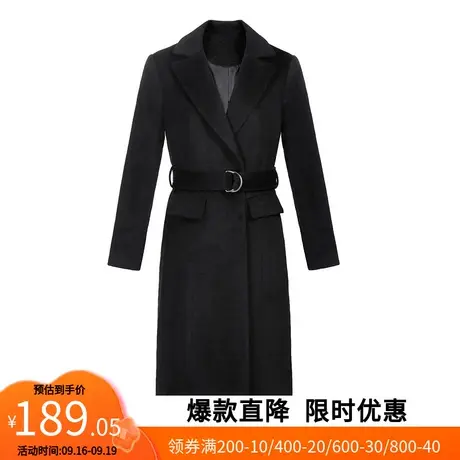 【艾格】2023春秋款羊毛呢大衣女超火的腰带修身多口袋长款外套商品大图
