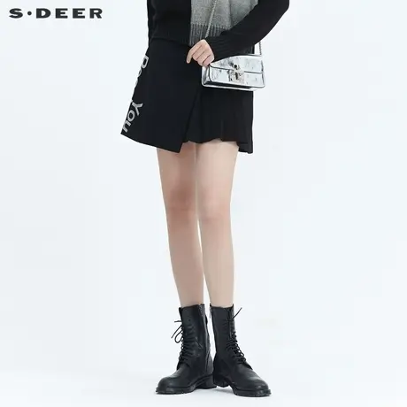 sdeer圣迪奥季时尚个性字母印花褶裥拼接A字毛呢短裙S20461301图片