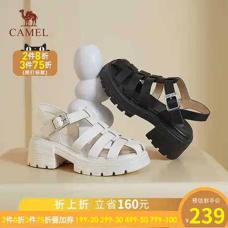 骆驼女鞋2023年夏季新款沙滩鞋真皮猪笼鞋包头凉鞋粗跟罗马鞋女图片