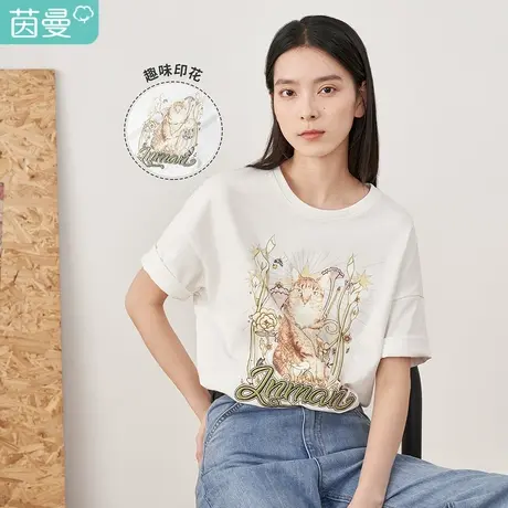 【商场同款】茵曼纯棉T恤宽松女2023年春季新款圆领套头印花透气图片
