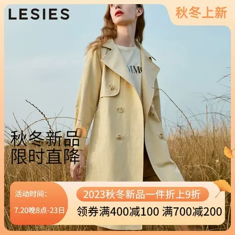 蓝色倾情春夏季女装新款 卡其色翻领双排扣长袖风衣女中长款外套图片