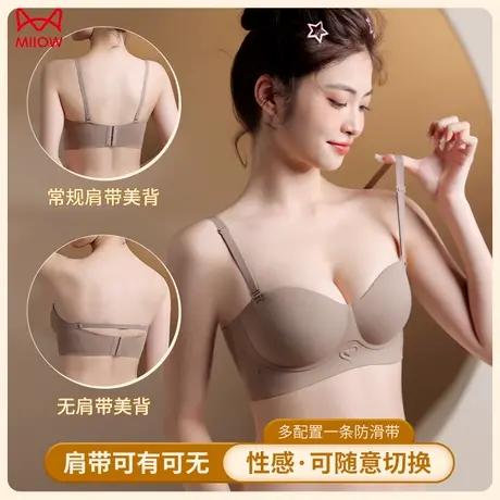 MiiOW/猫人半杯内衣聚拢小胸美背固定杯无钢圈收副乳无痕女士文胸图片