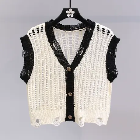 小香风镂空V领针织马甲女夏季2023年新款破洞设计感无袖坎肩背心图片