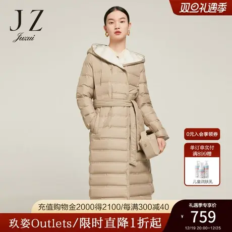JZ玖姿2022冬季新款直筒连帽中长羽绒服腰带款商品大图