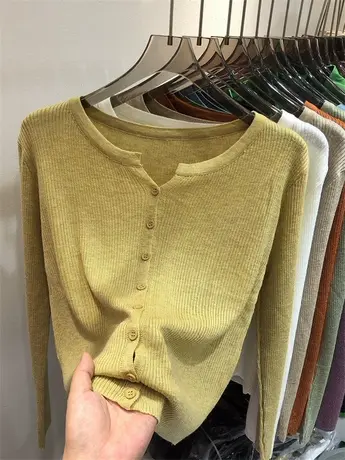 针织长袖开衫外套早秋女T恤2023新款内搭短款上衣修身薄款打底衫图片