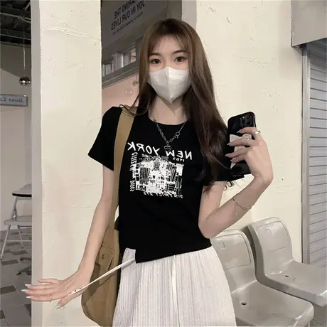 美式正肩短袖t恤女夏季2023新款设计感小众短款chic港味辣妹上衣商品大图