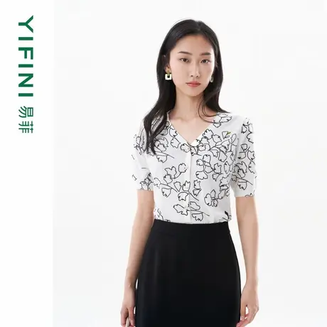 [专柜同款]Yifini/易菲短款V领短袖针织衫女夏装新款百搭上衣商品大图