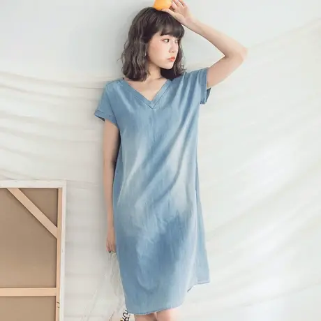 桔熊夏季小心机露背浅蓝中长宽松牛仔连衣裙子女胖妹妹大码DA5711图片